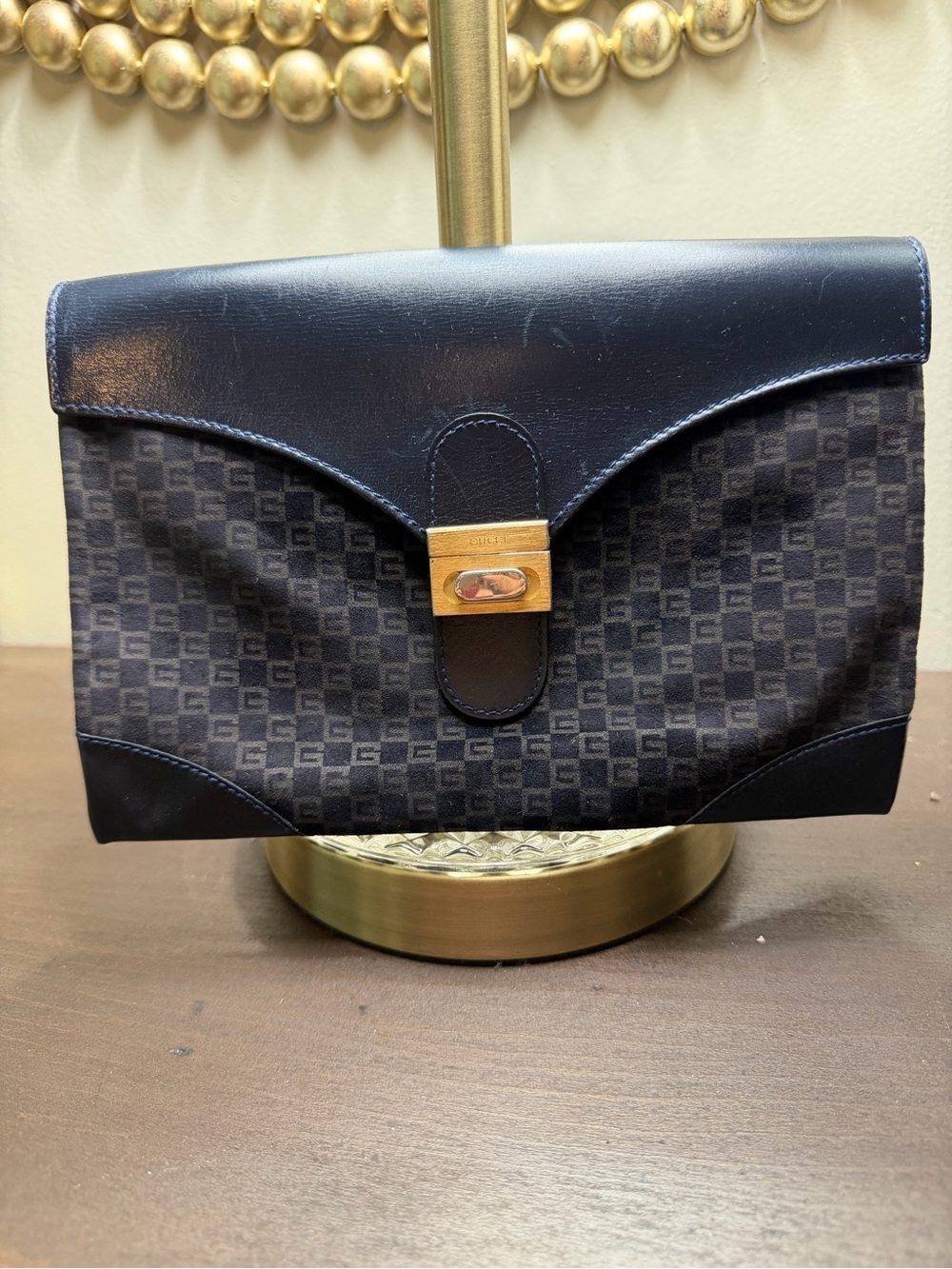 Gucci Blue and black Signature Velvet Clutch with Gold-Tone Lock